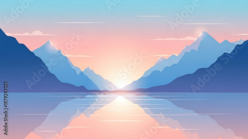 Serene mountain lake at sunrise with majestic peaks and calm water reflecting vibrant sky colors peacefully