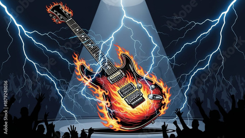 Electric guitar on fire with flames and lightning at a rock concert with crowd