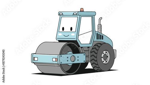 Cute cartoon road roller with a friendly face light blue color and large wheels.