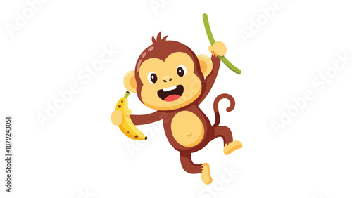 Cute cartoon monkey swinging with a banana and a vine happy and playful expression.