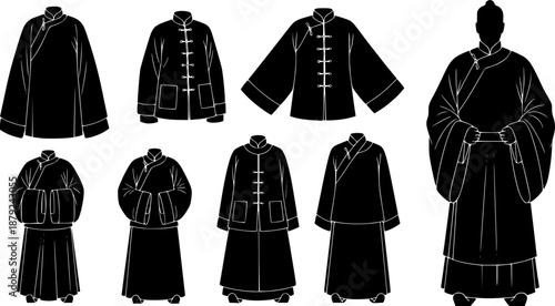 set of silhouette of traditional chinese men's clothing, traditional chinese clothing, vector, isolated on white background 