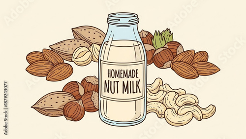 Glass bottle of homemade nut milk with almonds and cashews on a beige background