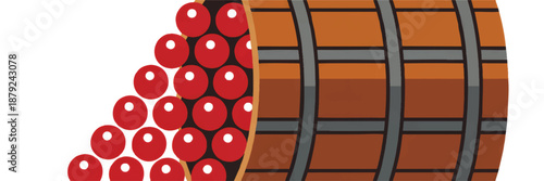 Red grapes flowing from rustic wooden wine barrel illustration, flat vector winery icon for vineyard, alcohol production and harvest design
