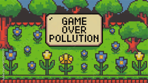 Retro pixel art landscape with game over pollution eco message, 8 bit video game style nature background with trees and flowers