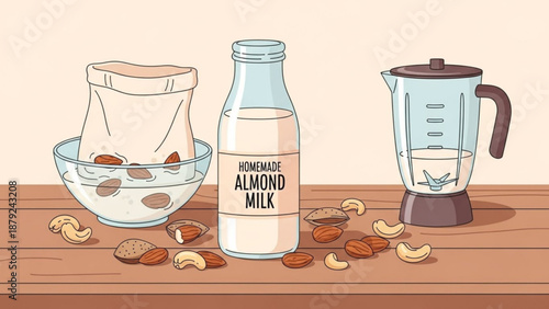 Homemade almond milk ingredients on wooden table with blender and bowl of nuts