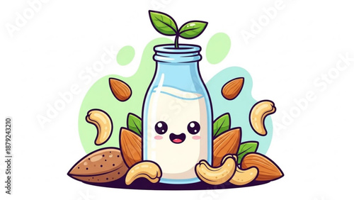 Cartoon plant based milk bottle with nuts and seeds smiling happily on a green background with leaves