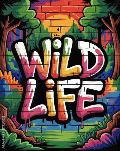 Colorful wildlife graffiti mural with bold street art lettering on brick wall in vibrant forest cartoon illustration