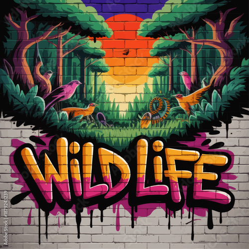 Colorful wildlife jungle graffiti mural with birds, sunset forest scene and bold street art lettering on urban brick wall