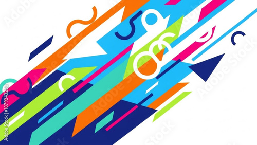 Vibrant abstract background with colorful arrows and shapes in blue orange green pink hues on white