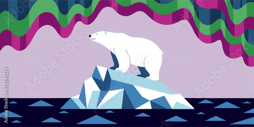 Polar bear on melting iceberg under northern lights, climate change and global warming concept, flat arctic wildlife illustration