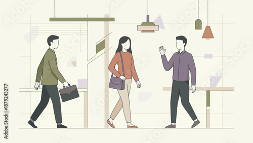 Business people walking and greeting in a modern minimalist office