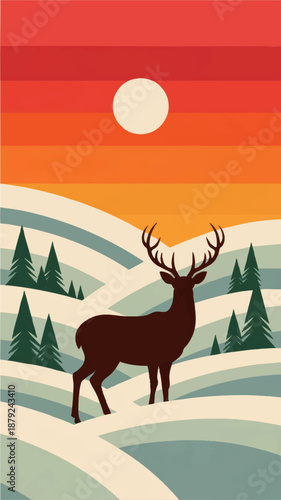 Retro sunset deer landscape illustration with elk silhouette, rolling winter hills and pine forest, minimalist nature poster art