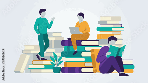 Diverse students engaged in reading and digital learning activities with books