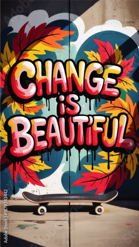 Inspirational street art mural with “Change is Beautiful” graffiti text, colorful autumn leaves and skateboard on urban wall