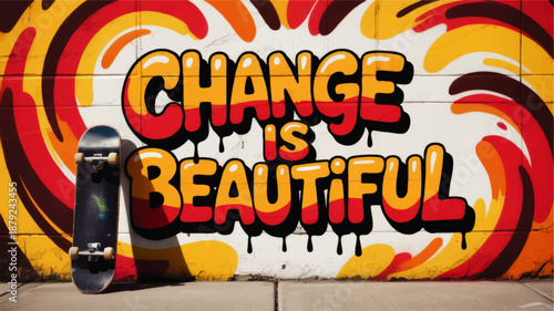 Vibrant urban street art mural with inspirational Change Is Beautiful graffiti text and skateboard, bold red yellow orange wall
