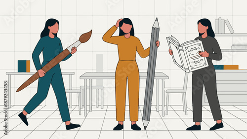 Illustration of diverse creative skills: painting, writing, reading