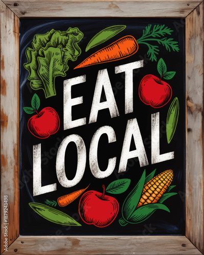 Eat Local chalkboard sign with colorful vegetables and fruit, rustic wooden frame, farm to table farmers market kitchen wall art