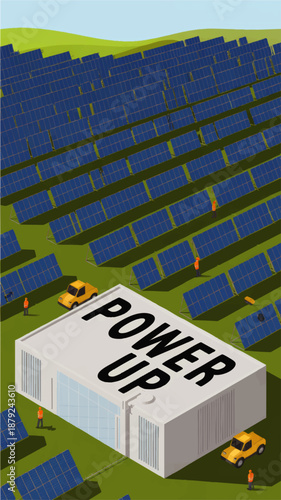 Modern solar power plant illustration with workers, renewable energy station building and blue photovoltaic panel field