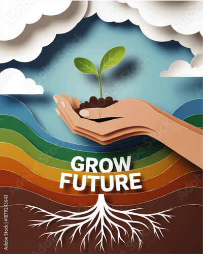 Sustainable growth concept illustration with hands holding seedling, colorful layered soil, roots and sky clouds, grow future ecology design