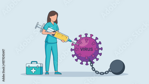 Healthcare professional fighting virus with vaccine, pandemic solution concept