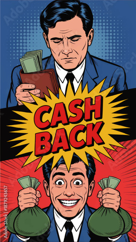 Pop art cashback concept with businessman before and after saving money, comic style financial rewards and refund promotion banner