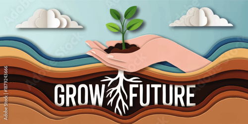 Grow Future concept illustration with hands holding seedling, layered soil roots, blue sky clouds, sustainable agriculture, environmental care