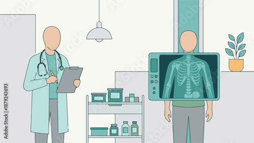 Doctor and patient X-ray scan in a medical examination room illustration