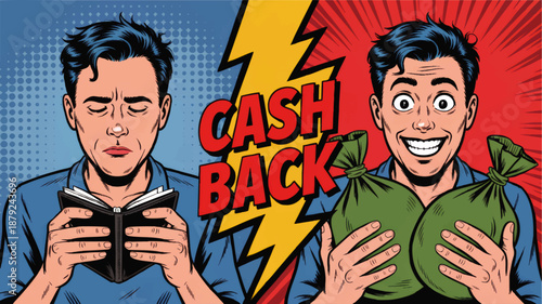 Pop art cashback concept with happy man holding money bags and sad man with empty wallet, comic style financial reward banner