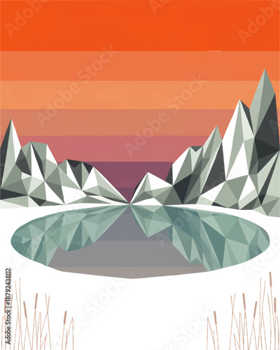 Geometric mountain lake at sunset, low poly alpine landscape with colorful orange gradient sky and crystal water reflection illustration