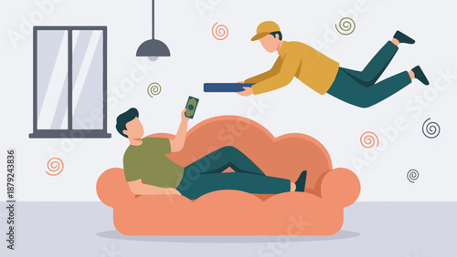 Man relaxing on sofa receiving food delivery at home, paying with cash