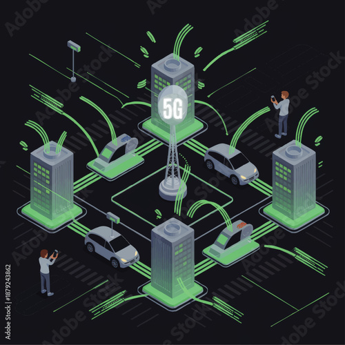 Futuristic 5G smart city network with autonomous cars, connected buildings and mobile devices on dark neon digital grid