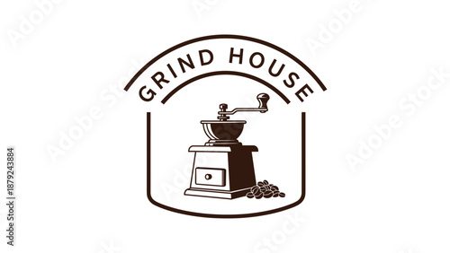 Vintage Coffee Grinder Illustration in Logo.