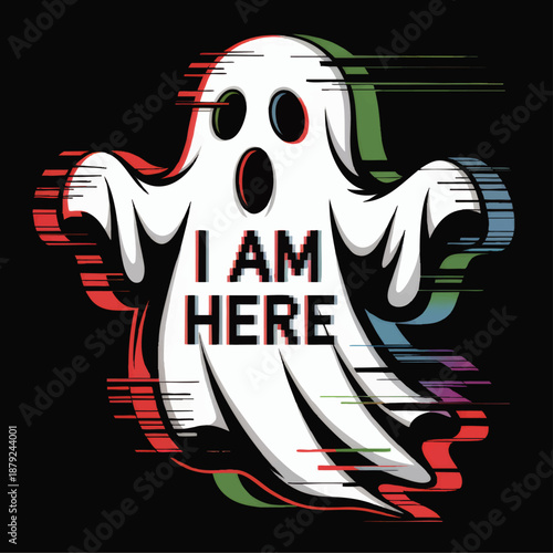 Glitch ghost illustration with I Am Here text, retro vaporwave Halloween design on dark background for t shirt and poster