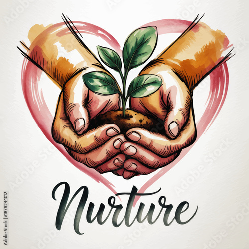 Nurture illustration of hands holding young plant with soil in heart shape, nature care, environmental love, growth and protection art