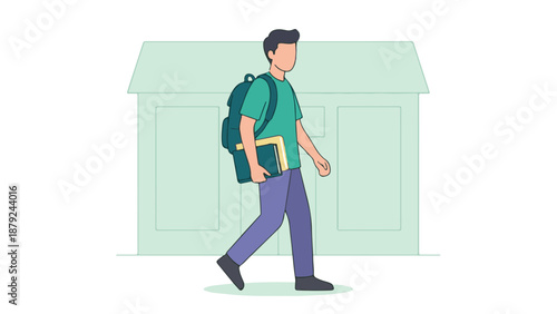 Young student walking with backpack and books in front of school building