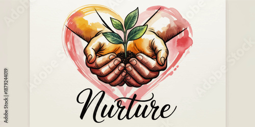 Caring hands nurturing green plant with soil inside watercolor heart illustration, love growth support concept, inspirational nurture art