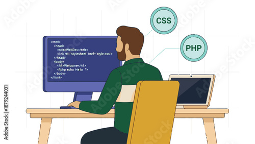 Illustrative Concept of a Web Developer Coding with HTML, CSS, PHP