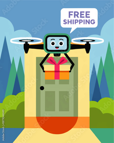 Cute delivery drone with gift box offering free shipping at front door, flat colorful vector illustration for online shopping ads