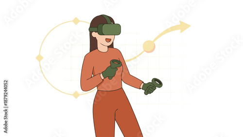 Woman in VR headset holding controllers with a growth chart background