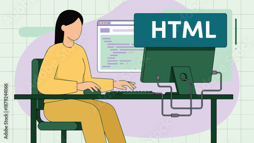Woman developer working on HTML programming at a computer desk illustration