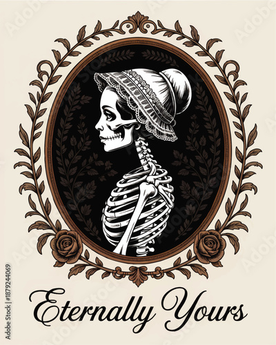 Vintage skeleton bride cameo illustration with gothic roses, lace bonnet and romantic “Eternally Yours” typography on ornate frame