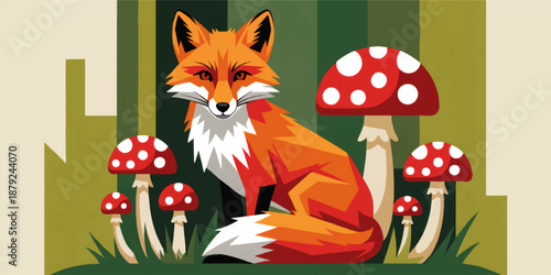 Colorful geometric fox illustration in forest with red mushrooms, modern flat animal art for children, nursery and woodland design