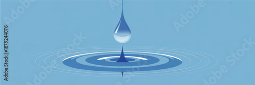 Clean blue water drop splash with ripples on calm surface, minimalist abstract background for purity, wellness, and sustainability designs