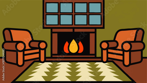 Cozy living room interior illustration with armchairs, fireplace, window and patterned rug in warm autumn earth tones