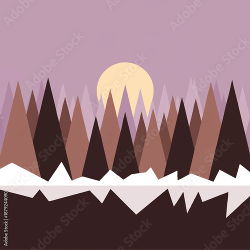 Minimalist sunrise mountain landscape with geometric peaks and lake reflection in pastel purple and brown abstract nature art