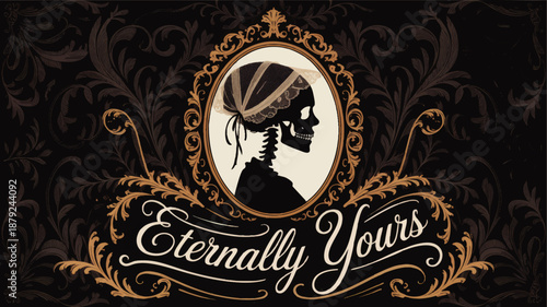 Vintage gothic skeleton cameo with lace bonnet and ornate floral frame, dark romantic eternally yours typographic illustration
