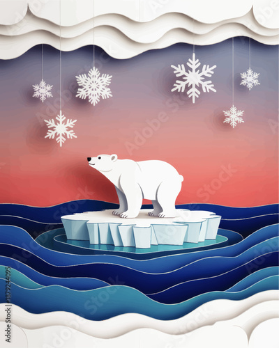 Polar bear on melting ice floe in paper cut winter seascape, climate change and global warming wildlife illustration