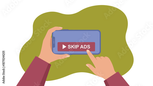 User pressing skip ads button on a smartphone screen, digital ad blocking