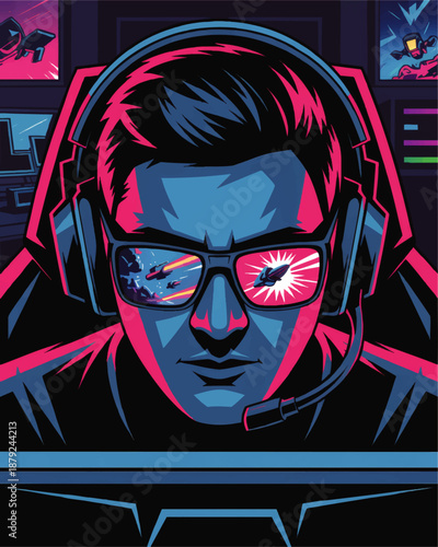Neon cyber gamer streaming space battle, futuristic e sports streamer with headset and glasses reflection, vaporwave vector illustration