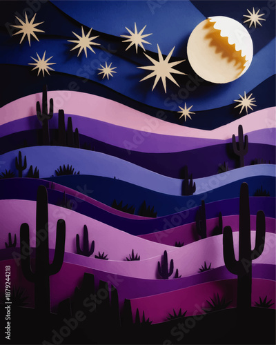 Surreal desert night landscape with cactus silhouettes, full moon and stars in layered paper cut style, purple and blue abstract hills